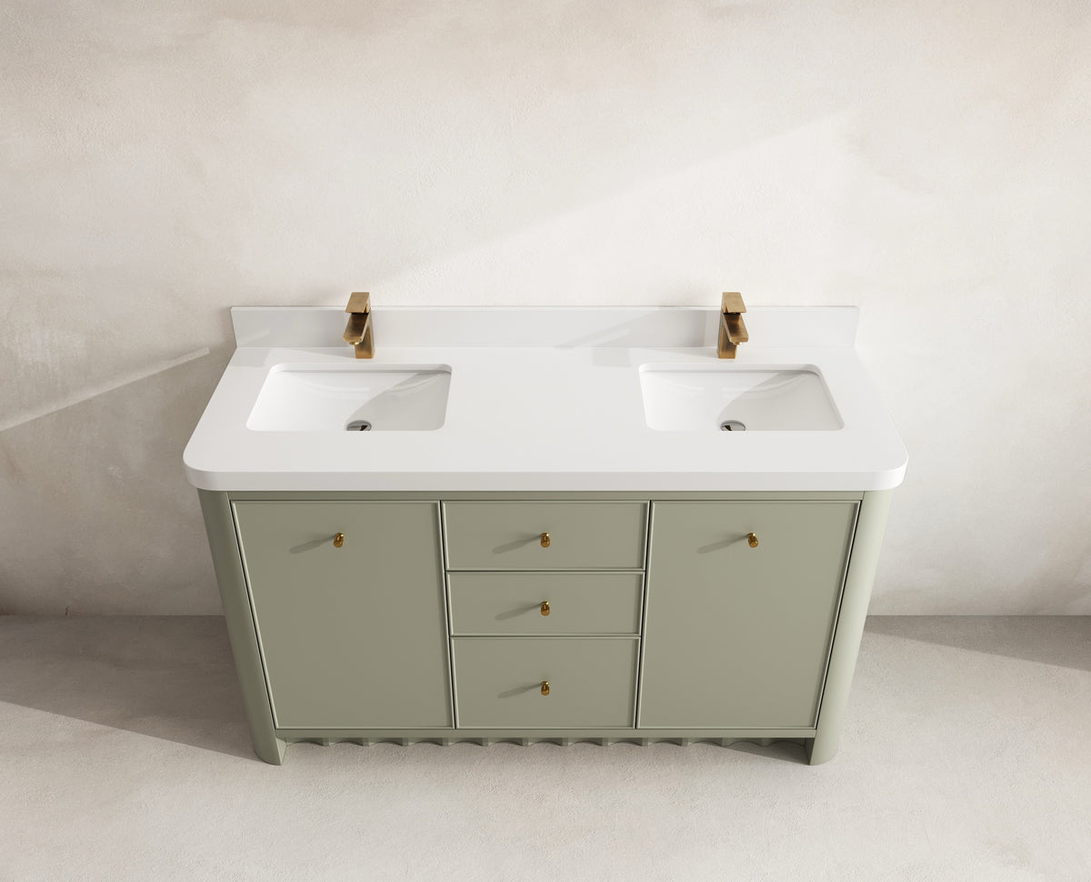 Orlando 60 in. double sink vanity in Evergreen with an R100 White quartz top, seen from above