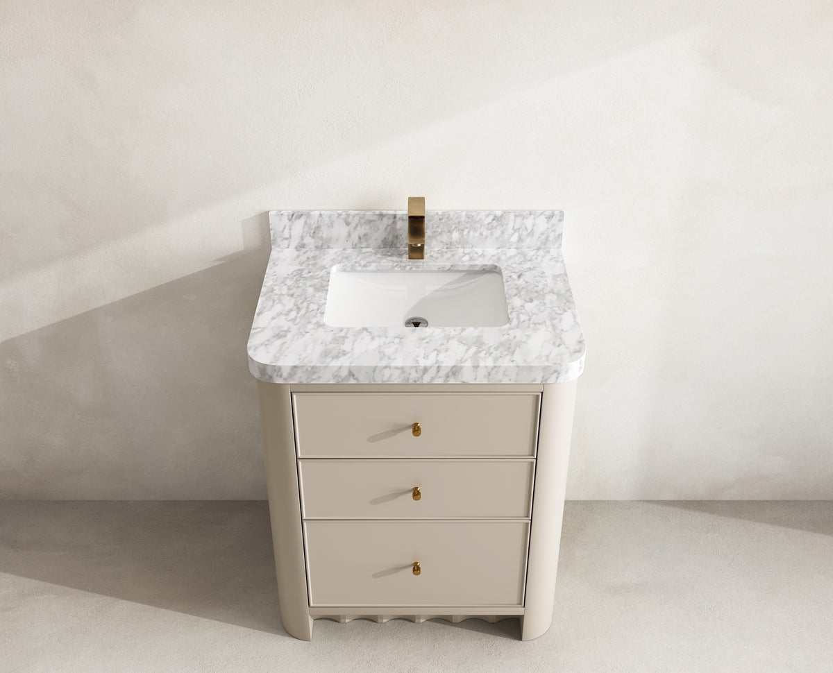 Orlando 30 in. single sink vanity in Fine Grain Linen Beige with an R100 Carrara marble top, seen from above