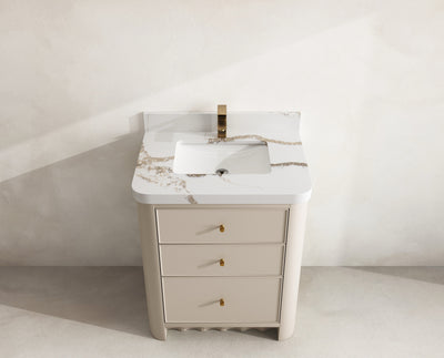 Orlando 30 in. single sink vanity in Fine Grain Linen Beige with an R100 Calacatta Gold quartz top, seen from above