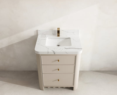 Orlando 30 in. single sink vanity in Fine Grain Linen Beige with an R100 Calacatta Laza quartz top, seen from above