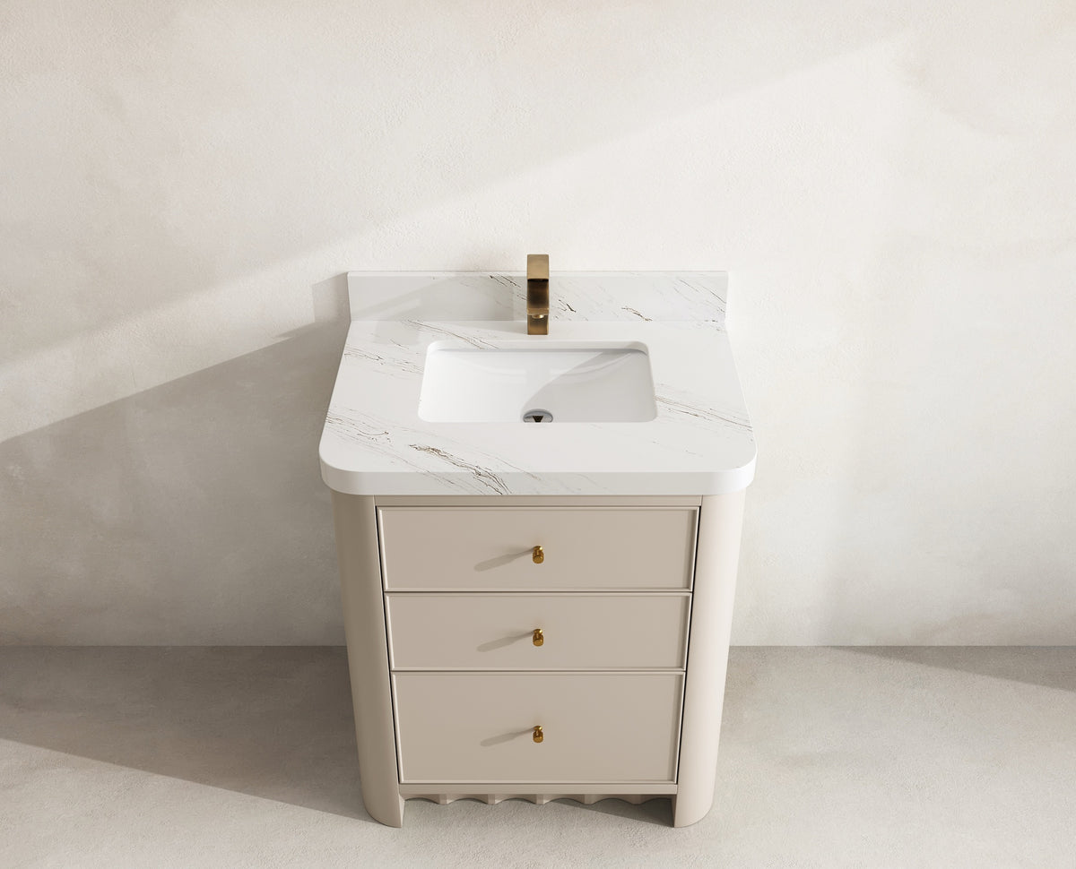Orlando 30 in. single sink vanity in Fine Grain Linen Beige with an R100 Palissandro quartz top, seen from above