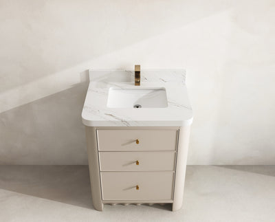Orlando 30 in. single sink vanity in Fine Grain Linen Beige with an R100 Palissandro quartz top, seen from above