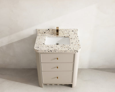 Orlando 30 in. single sink vanity in Fine Grain Linen Beige with an R100 Terrazzo Golden Dusk top, seen from above