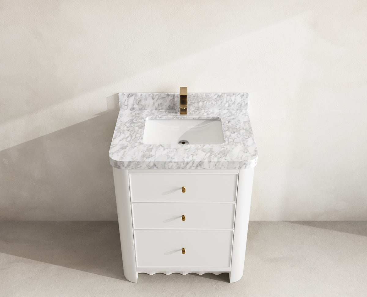 Orlando 30 in. single sink vanity in White with an R100 Carrara marble top, seen from above