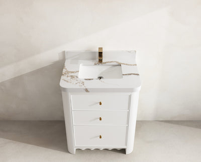 Orlando 30 in. single sink vanity in White with an R100 Calacatta Gold quartz top, seen from above