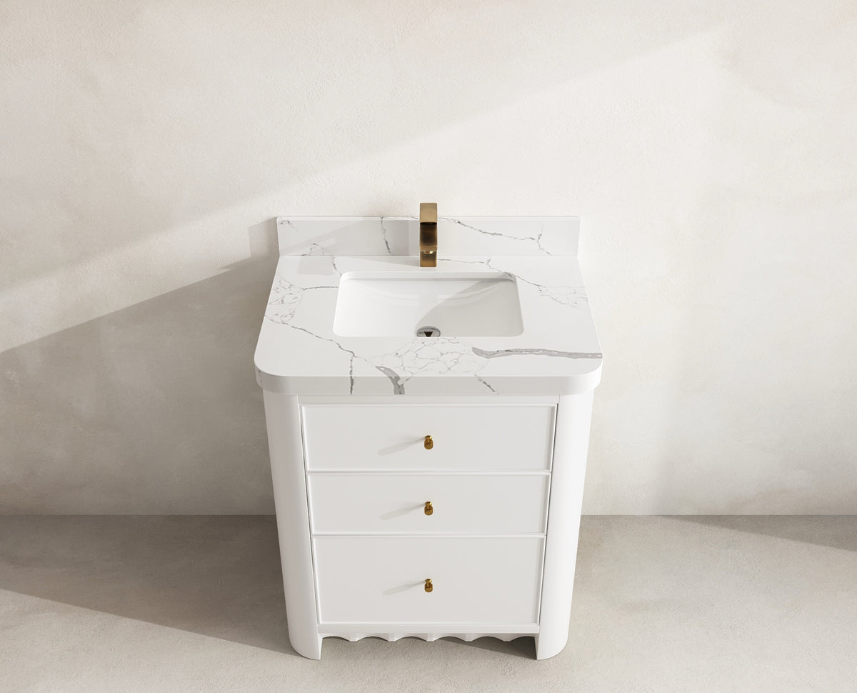 Orlando 30 in. single sink vanity in White with an R100 Calacatta Laza quartz top, seen from above