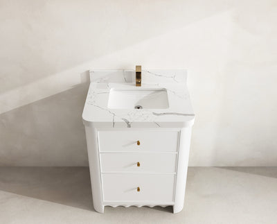Orlando 30 in. single sink vanity in White with an R100 Calacatta Laza quartz top, seen from above