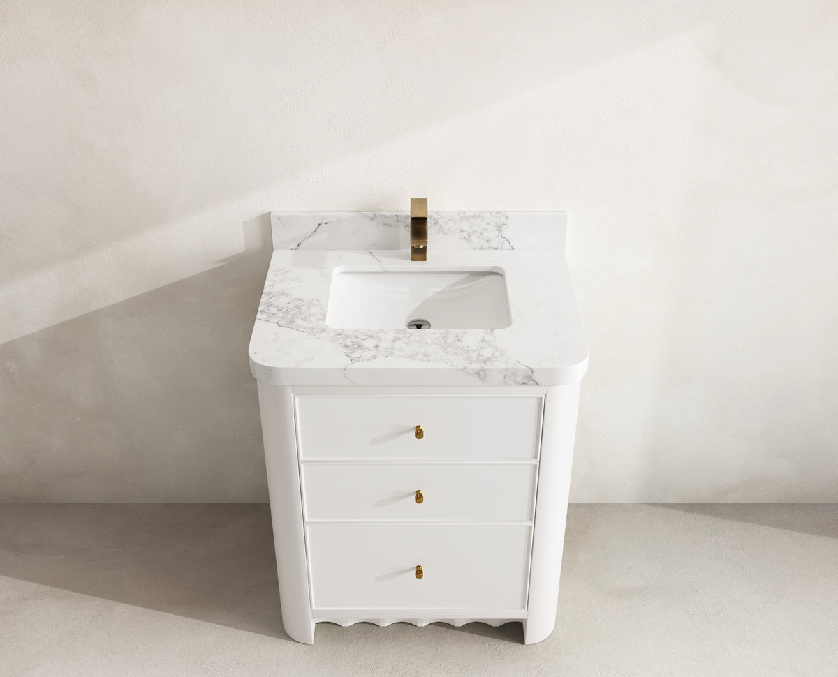 Orlando 30 in. single sink vanity in White with an R100 Calacatta Nuvo quartz top, seen from above
