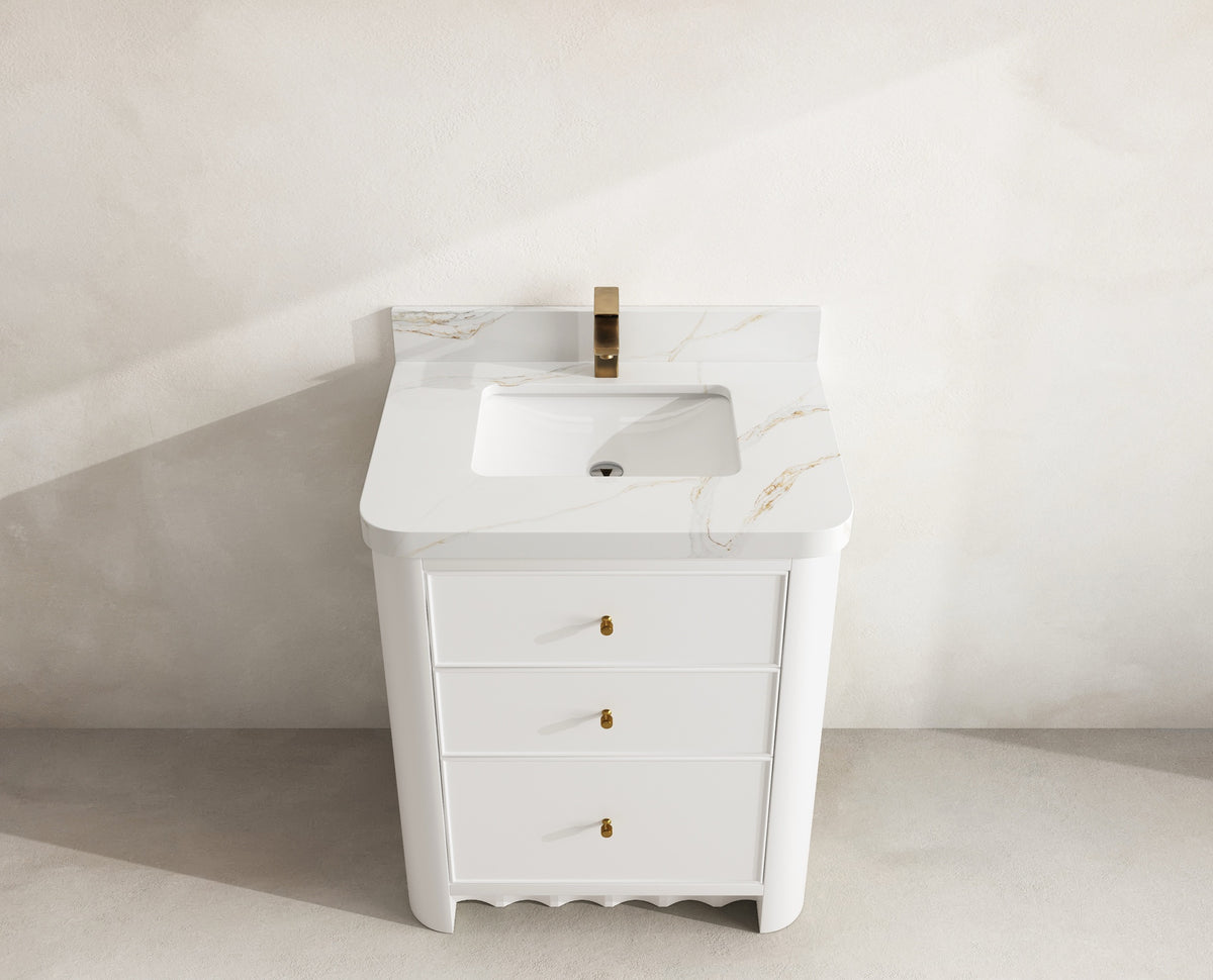 Orlando 30 in. single sink vanity in White with an R100 Calacatta Sienna quartz top, seen from above