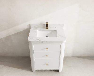 Orlando 30 in. single sink vanity in White with an R100 Palissandro quartz top, seen from above