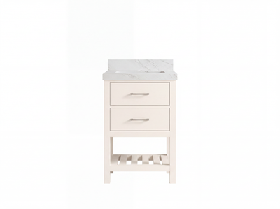 Parker 24-inch bathroom vanity in Alabaster with Palissandro Quartz countertop and brushed-nickel handles, front view