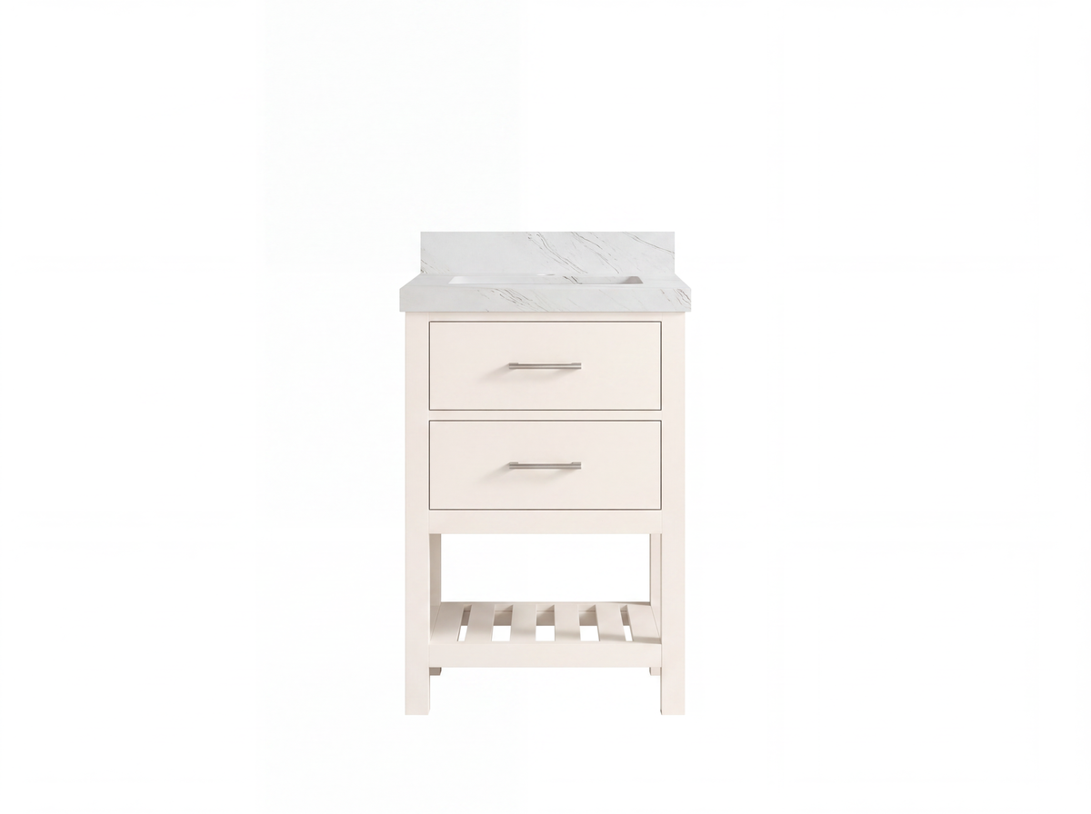 Parker 24-inch bathroom vanity in Alabaster with Palissandro Quartz countertop and brushed-nickel handles, front view