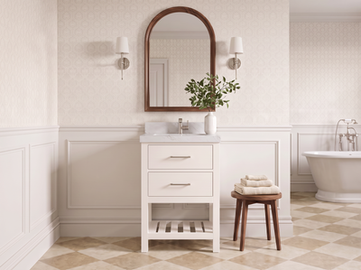 Parker 24 inch Alabaster vanity with Palissandro Quartz countertop and brushed nickel handles in a designer bathroom.