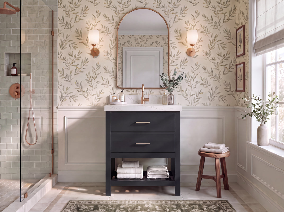 Parker 30-inch black bathroom vanity with Palissandro quartz countertop in a styled bathroom with botanical wallpaper
