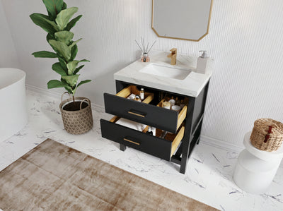 Parker 30-inch black bathroom vanity with Palissandro quartz countertop, showing two open drawers and lower shelf in a bathroom.