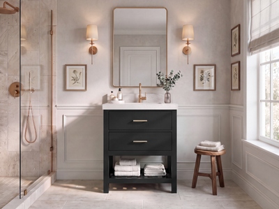 Parker 30-inch black vanity with Palissandro quartz countertop in a styled bathroom — PRK_BLK_PALS_30