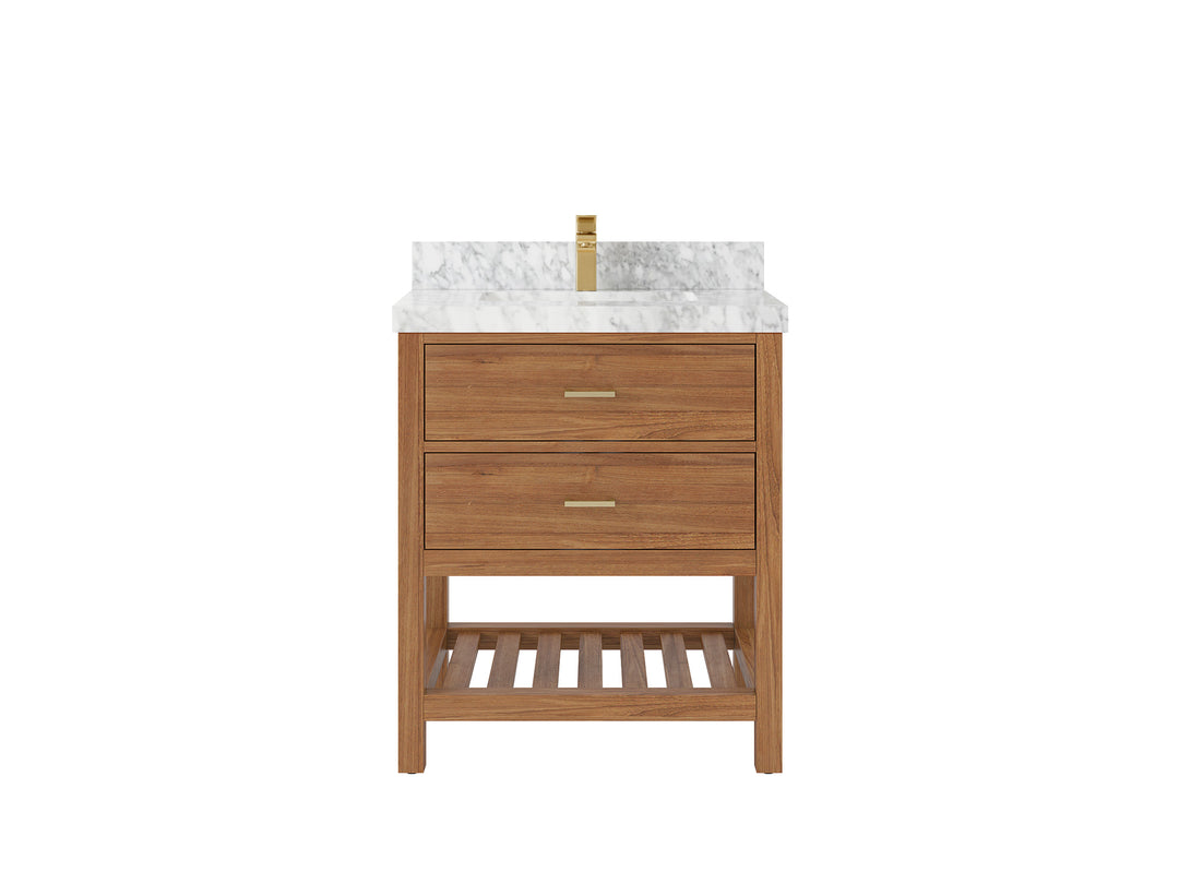 Parker Teak  30 in. W x 22 in. D Single Sink Bathroom Vanity in Golden with 2 in Carrara Marble Countertop