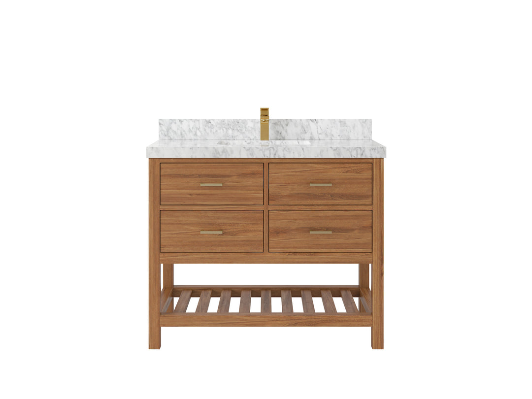 Parker Teak  42 in. W x 22 in. D Single Sink Bathroom Vanity in Golden with 2 in Carrara Marble Countertop
