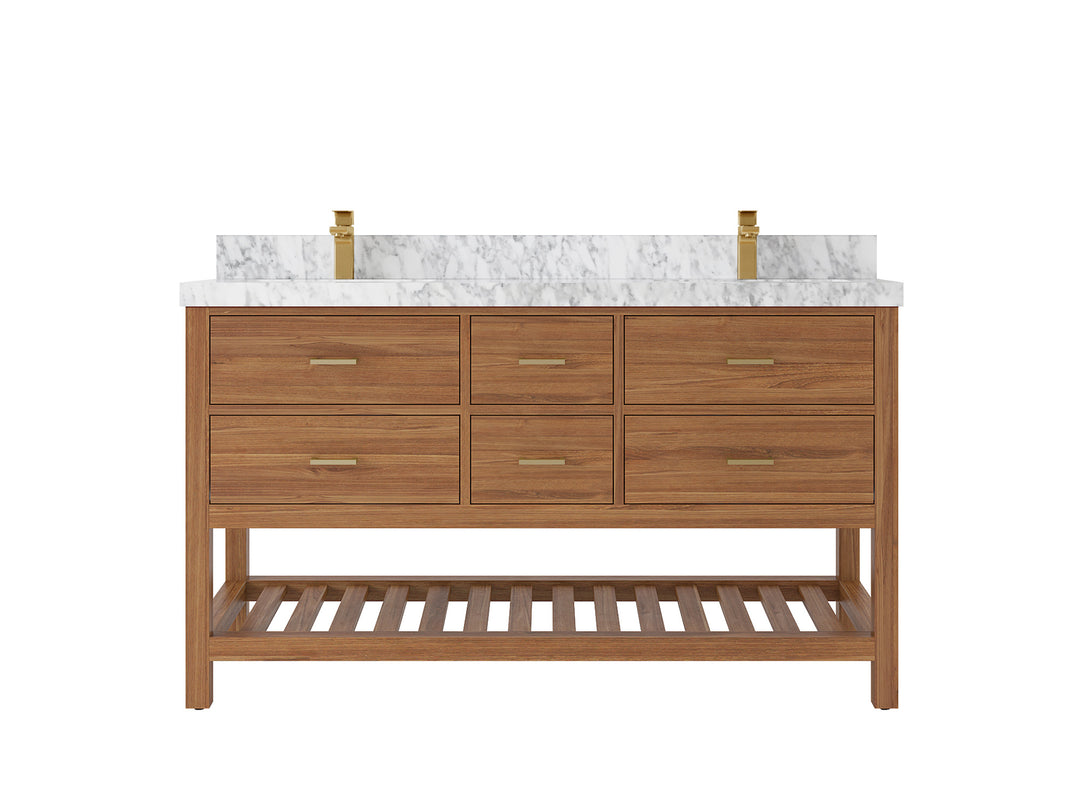 Parker Teak 60 in. W x 22 in. D double Sink Bathroom Vanity in Golden with 2 in Carrara Marble Countertop