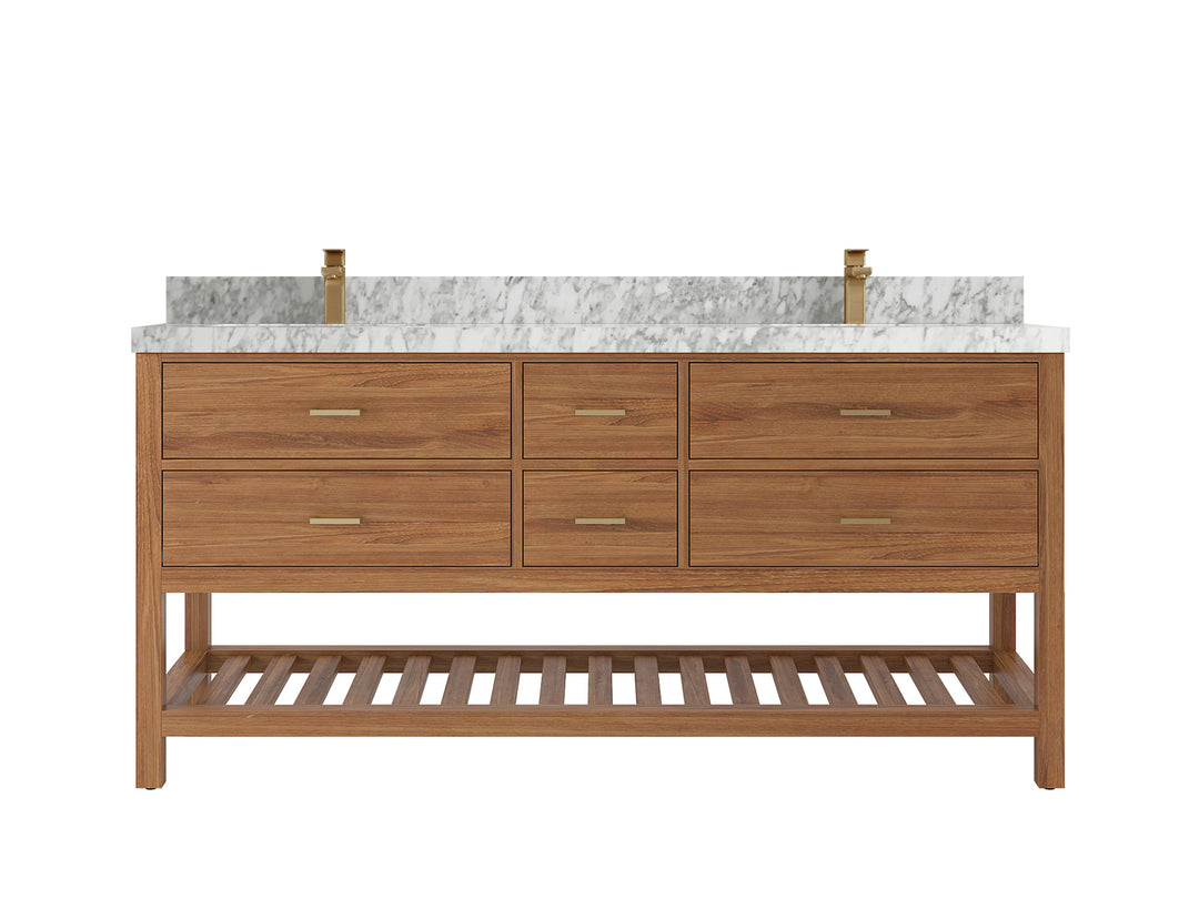 Parker Teak 72 in. W x 22 in. D double Sink Bathroom Vanity in Golden with 2 in Carrara Marble Countertop