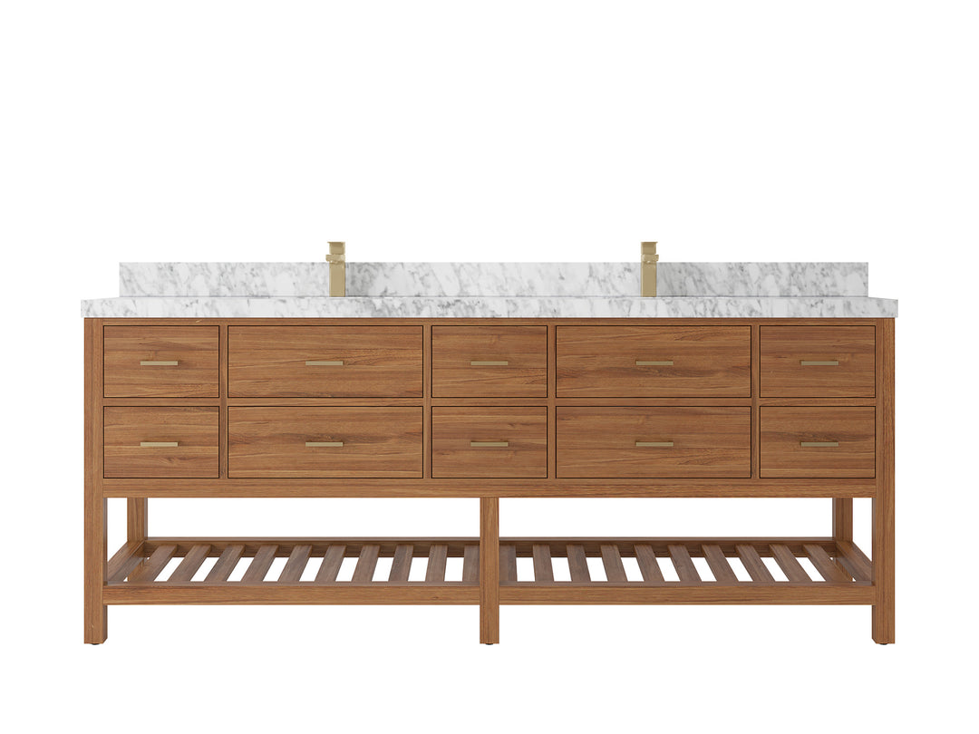 Parker Teak 84 in. W x 22 in. D double Sink Bathroom Vanity in Golden with 2 in Carrara Marble Countertop