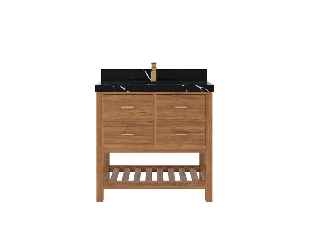 Parker Teak  36 in. W x 22 in. D Center Sink Bathroom Vanity in Golden with 2 in Calacatta Black Quartz Countertop