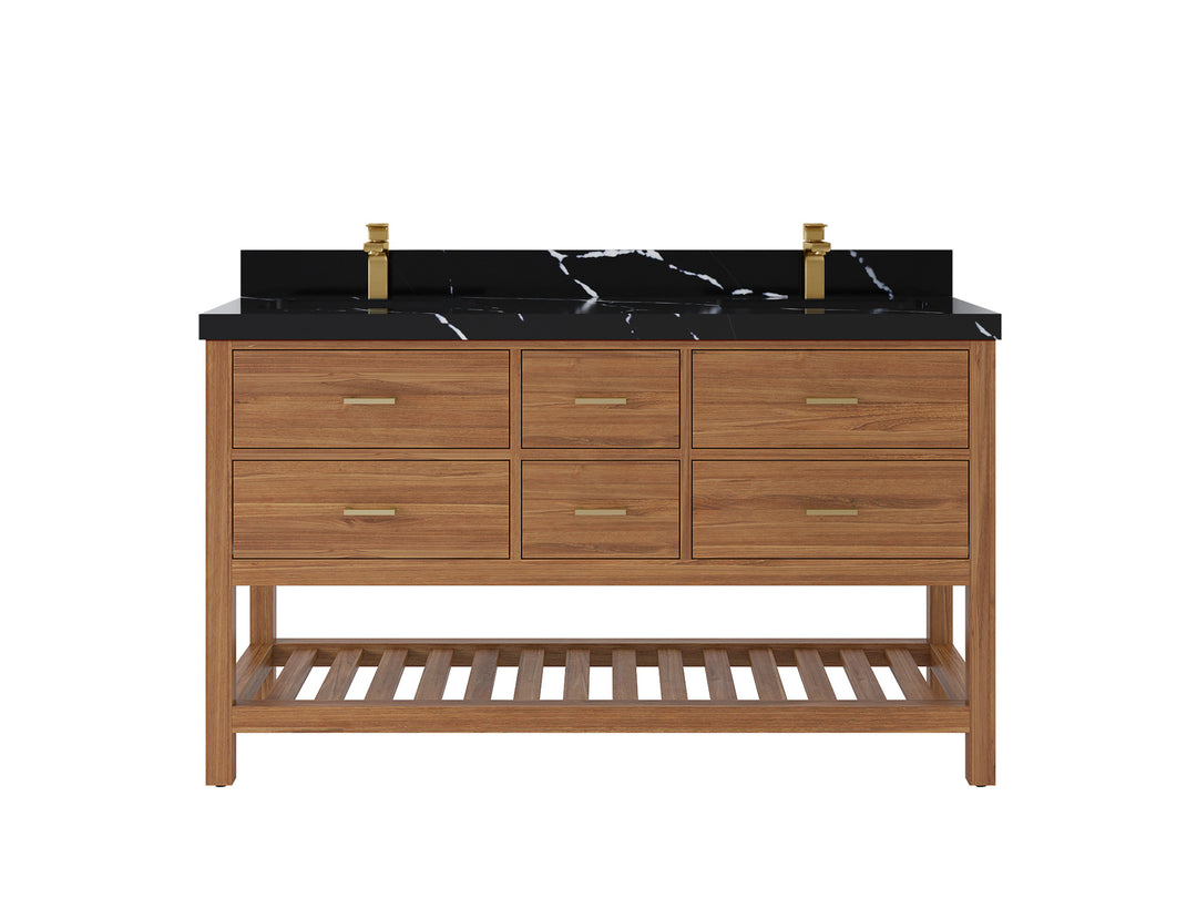 Parker Teak 60 in. W x 22 in. D double Sink Bathroom Vanity in Golden with 2 in Calacatta Black Quartz Countertop