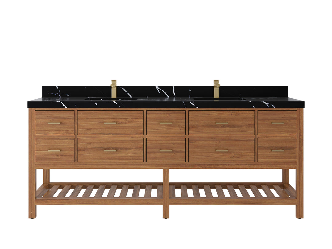 Parker Teak 84 in. W x 22 in. D double Sink Bathroom Vanity in Golden with 2 in Calacatta Black Quartz Countertop