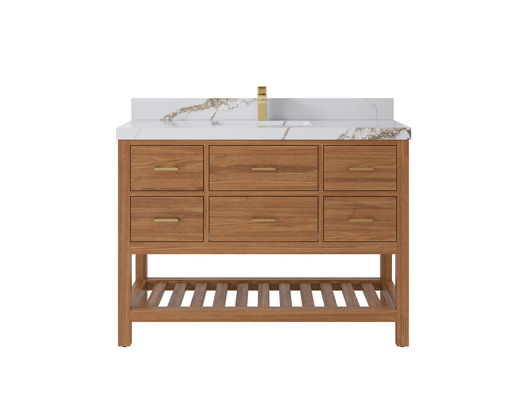 Parker Teak  48 in. W x 22 in. D  Single  Sink Bathroom Vanity in Golden with 2 in Calacatta Gold Quartz Countertop