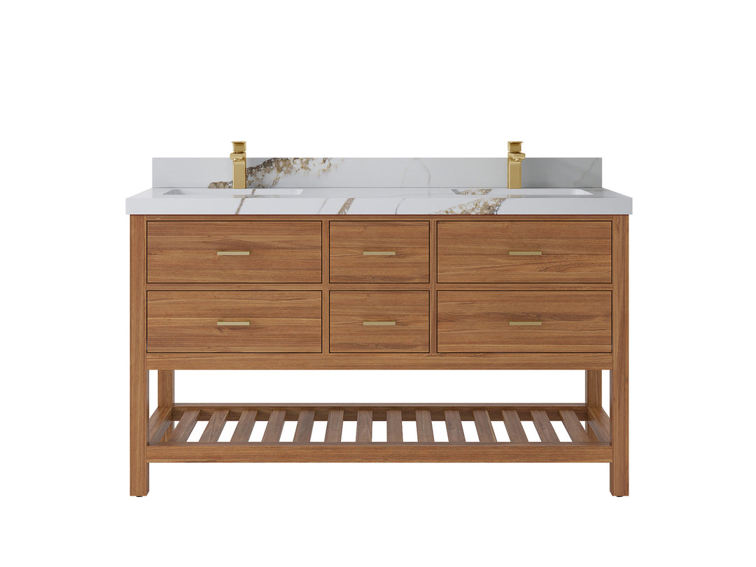 Parker Teak 60 in. W x 22 in. D double Sink Bathroom Vanity in Golden with 2 Calacatta Gold Quartz Countertop