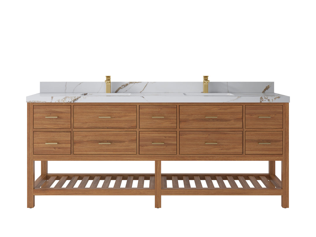 Parker Teak 84 in. W x 22 in. D double Sink Bathroom Vanity in Golden with 2 Calacatta Gold Quartz Countertop