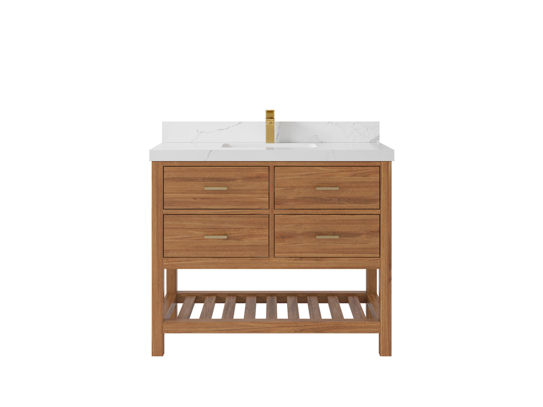 Parker Teak  42 in. W x 22 in. D Single Sink Bathroom Vanity in Golden with 2 in Calacatta Laza Quartz Countertop