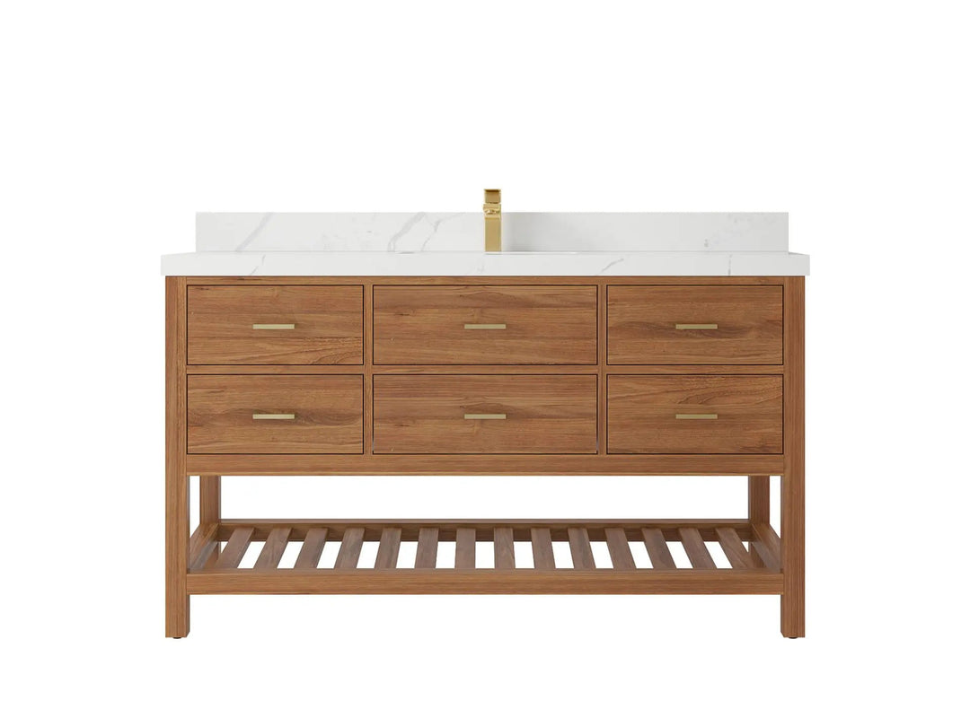 Parker Teak  60 in. W x 22 in. D Single Sink Bathroom Vanity in Golden with 2 in Calacatta Laza Quartz Countertop