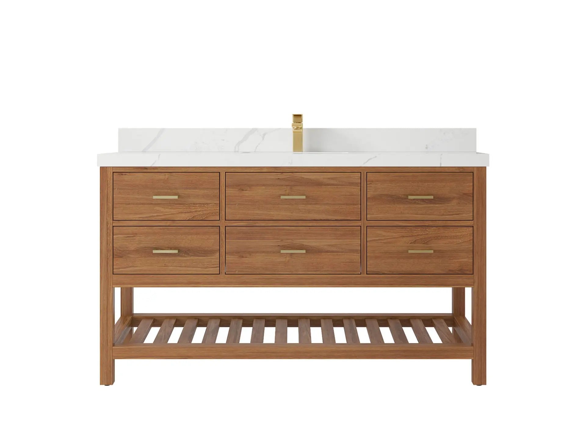 Parker Teak  60 in. W x 22 in. D Single Sink Bathroom Vanity in Golden with 2 in Calacatta Laza Quartz Countertop