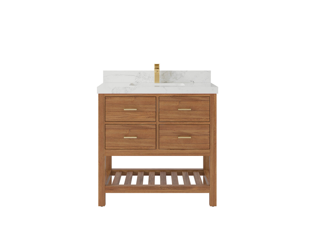 Parker Teak  36 in. W x 22 in. D Center Sink Bathroom Vanity in Golden with 2 in Calacatta Nuvo Quartz Countertop