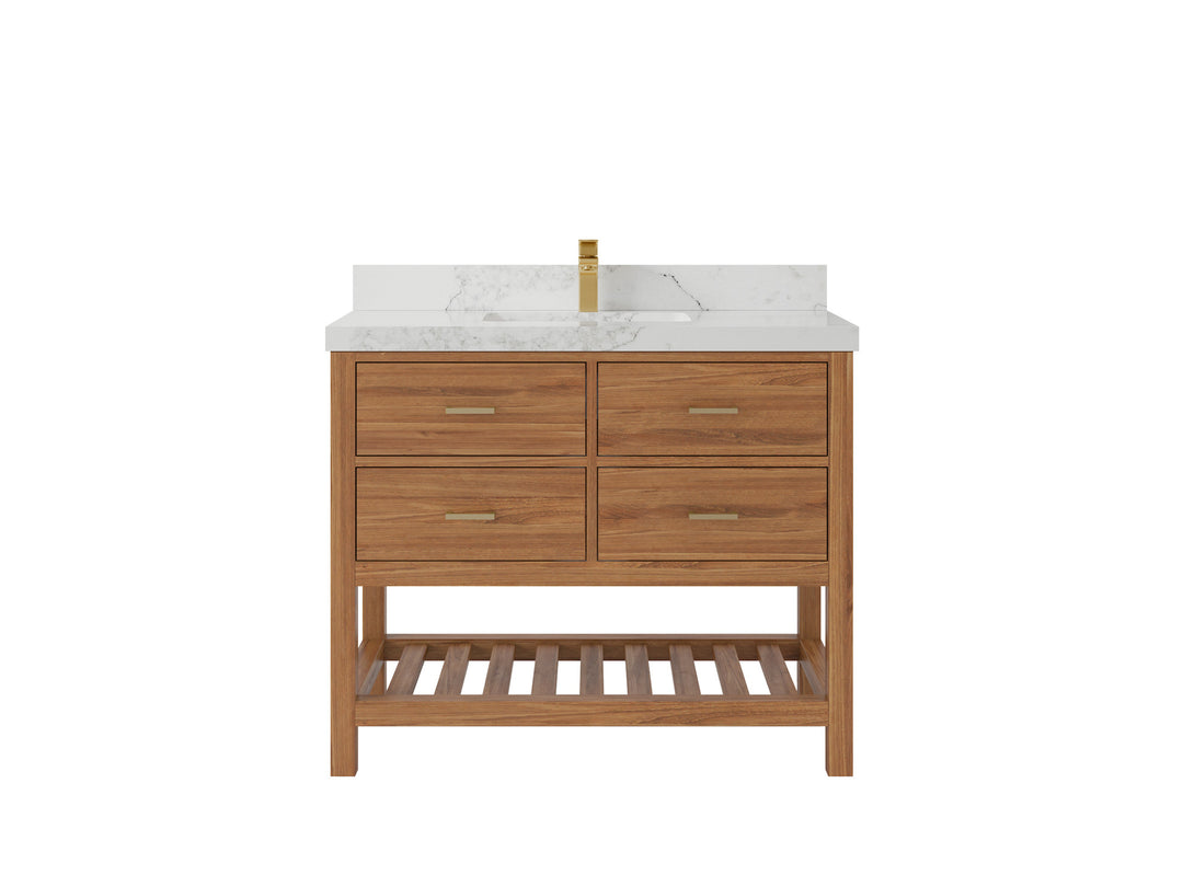 Parker Teak  42 in. W x 22 in. D Single Sink Bathroom Vanity in Golden with 2 in Calacatta Nuvo Quartz Countertop