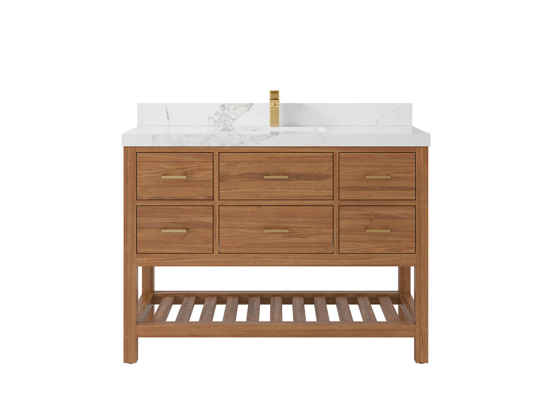 Parker Teak  48 in. W x 22 in. D Single Sink Bathroom Vanity in Golden with 2 in Calacatta Nuvo Quartz Countertop