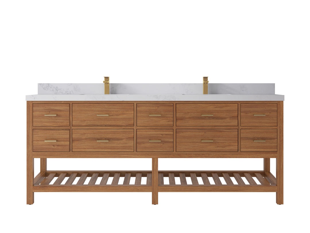 Parker Teak 84 in. W x 22 in. D double Sink Bathroom Vanity in Golden with 2 in Calacatta Nuvo Quartz Countertop