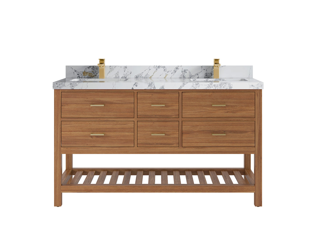 Parker Teak 60 in. W x 22 in. D double Sink Bathroom Vanity in Golden with 2 in Poanazzo Quartz Countertop