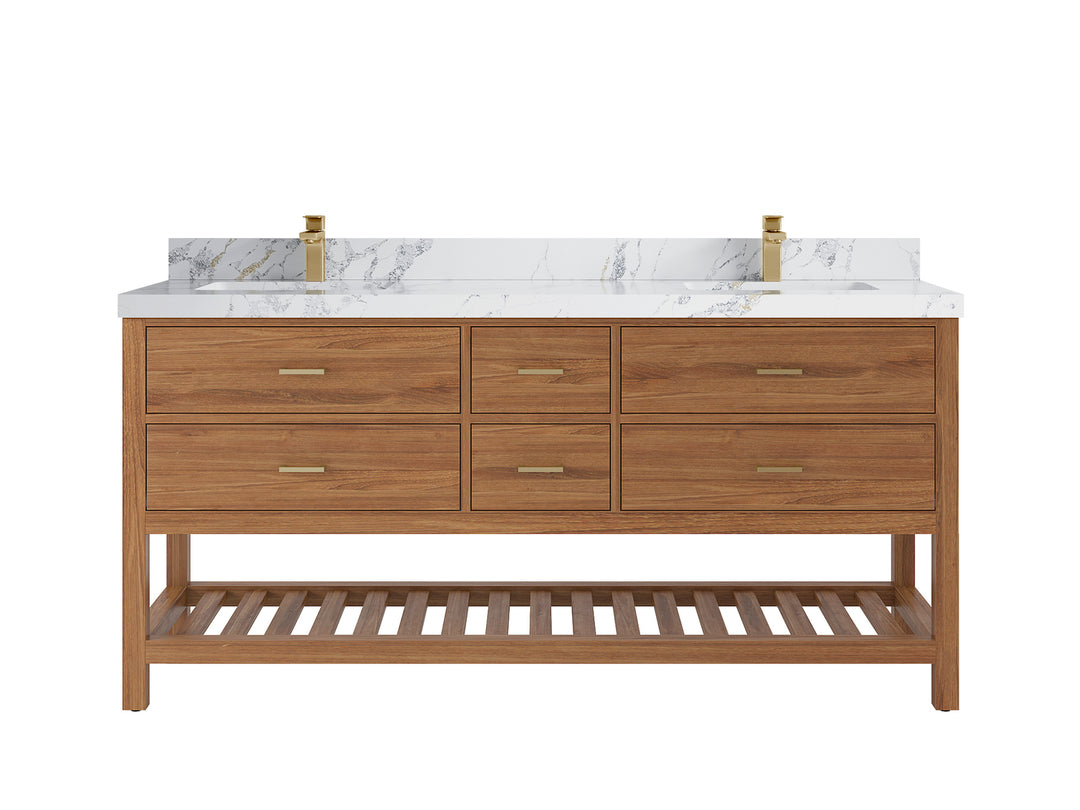 Parker Teak 72 in. W x 22 in. D double Sink Bathroom Vanity in Golden with 2 in Poanazzo Quartz Countertop