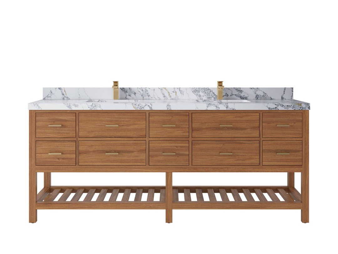 Parker Teak 84 in. W x 22 in. D double Sink Bathroom Vanity in Golden with 2 in Poanazzo Quartz Countertop