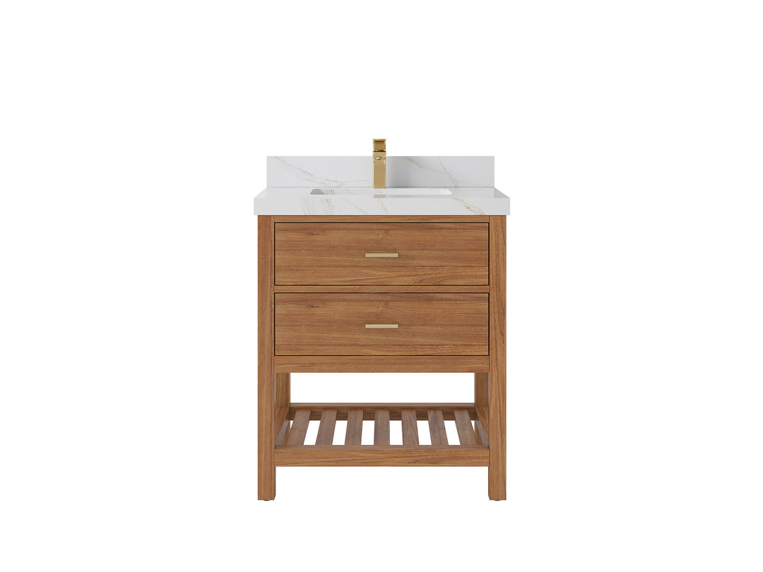 Parker Teak  30 in. W x 22 in. D  Single  Sink Bathroom Vanity in Golden with 2 in Calacatta Sienna Quartz Countertop