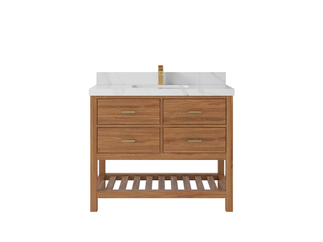 Parker Teak  42 in. W x 22 in. D  Single  Sink Bathroom Vanity in Golden with 2 in Calacatta Sienna Quartz Countertop