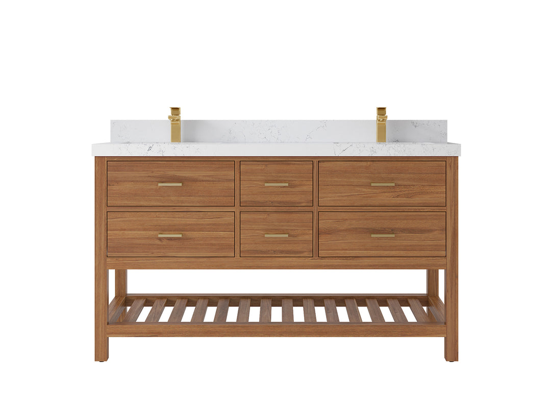 Parker Teak 60 in. W x 22 in. D double Sink Bathroom Vanity in Golden with 2 in Empira White Quartz Countertop