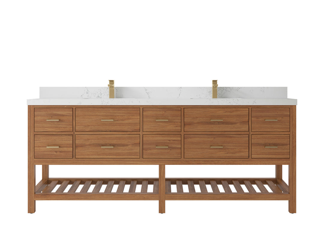 Parker Teak 84 in. W x 22 in. D double Sink Bathroom Vanity in Golden with 2 in Empira White Quartz Countertop