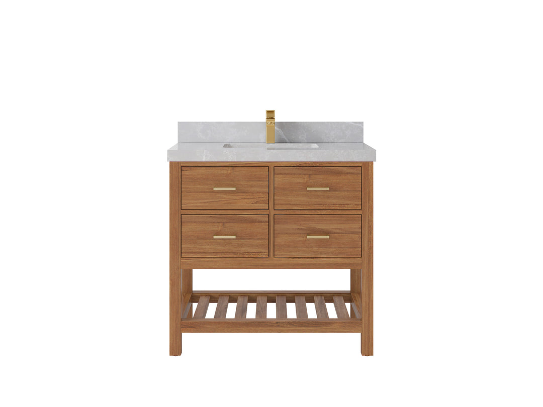 Parker Teak  36 in. W x 22 in. D Center Sink Bathroom Vanity in Golden with 2 in Pearl Light Gray Quartz Countertop