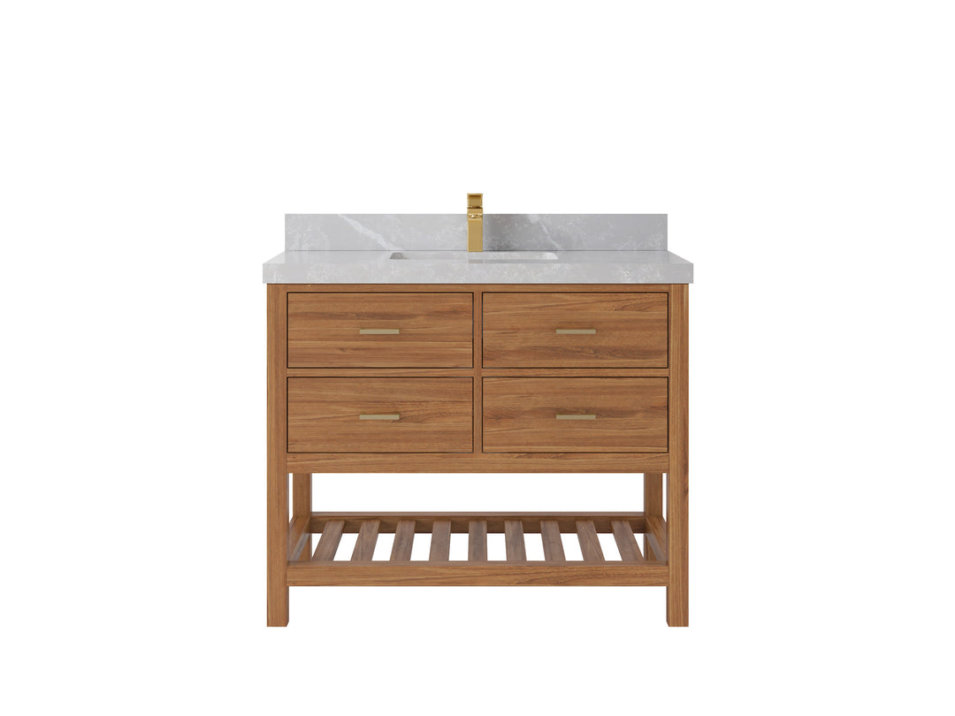 Parker Teak  42 in. W x 22 in. D Single Sink Bathroom Vanity in Golden with 2 in Pearl Light Gray Quartz Countertop