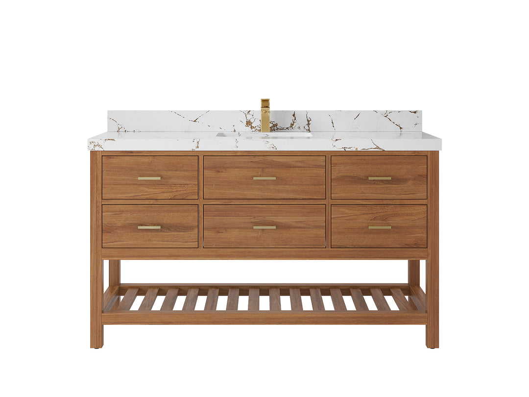 Parker Teak  60 in. W x 22 in. D Single Sink Bathroom Vanity in Golden with 2 in Viola Brown Quartz Countertop