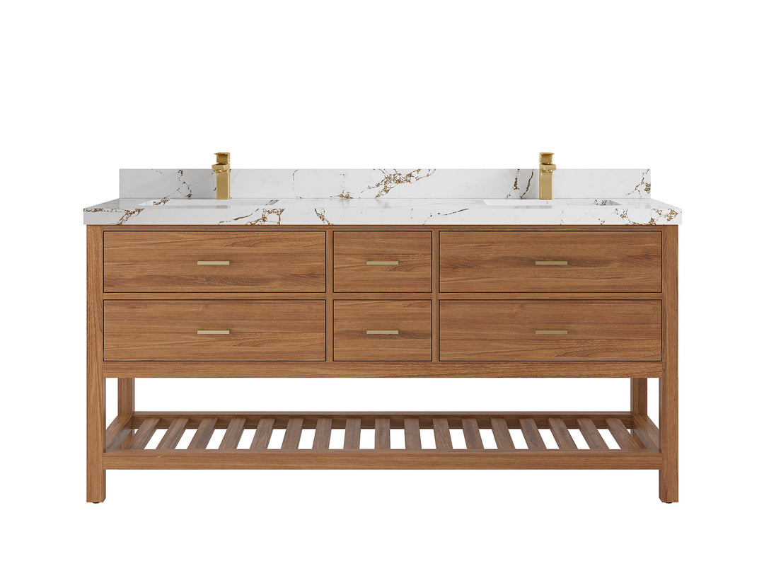 Parker Teak 72 in. W x 22 in. D double Sink Bathroom Vanity in Golden with 2 in Viola Brown Quartz Countertop