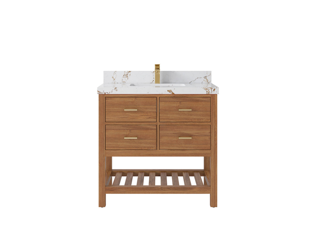 Parker Teak  36 in. W x 22 in. D Center Sink Bathroom Vanity in Golden with 2 in Viola Gold Quartz Countertop